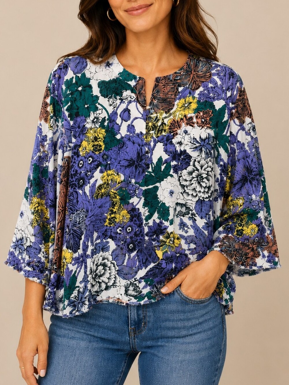 Maeve Anthropologie Floral Henley Blouse Womens L Oversized Boho Raw Hem Peasant